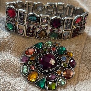 Premier Designs Multicolored Gemstone Bracelet and Brooch